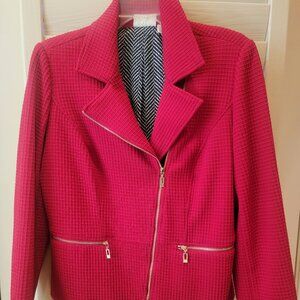 NWOT! CHICO'S TEXTURED MOTO CARMINE RED JACKET-BLAZER, ZIP POCKETS SIZE 1=8-10M
